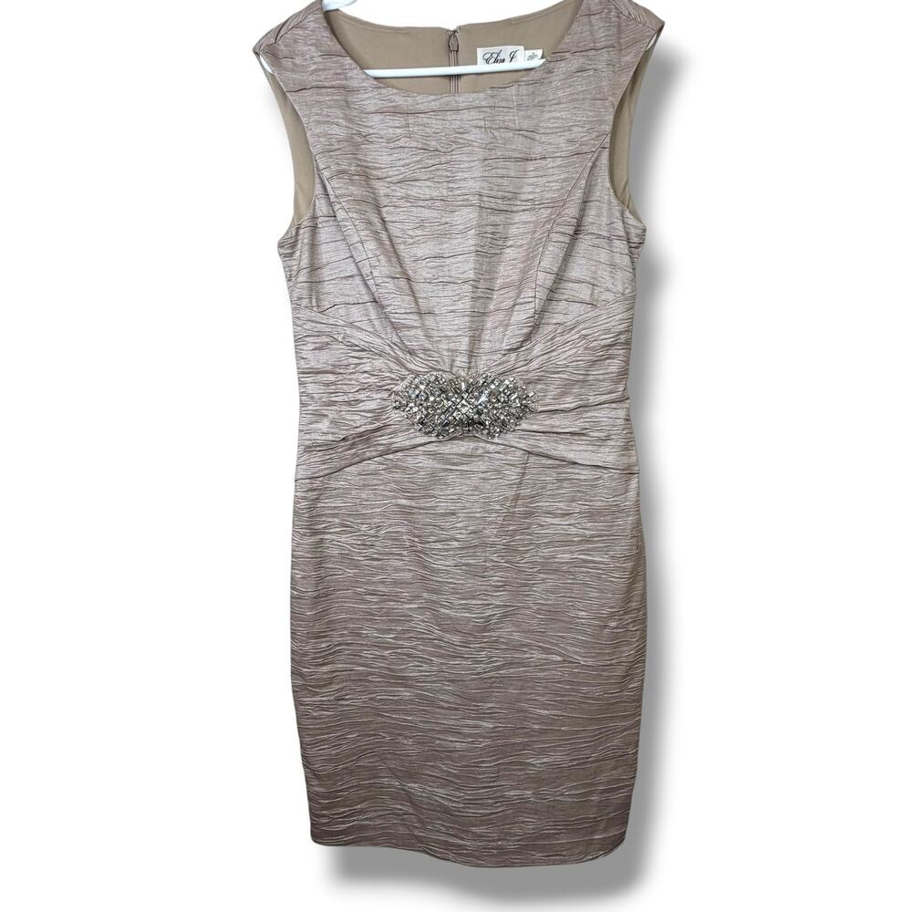 Eliza J Brown Textured Sleeveless Embellished Sheath Classic Cocktail Dress